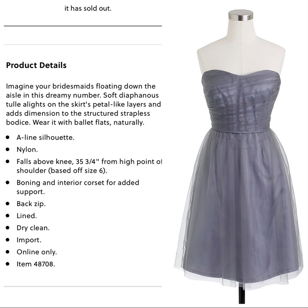 J. Crew Maura Gray Tulle Strapless Dress, 8.